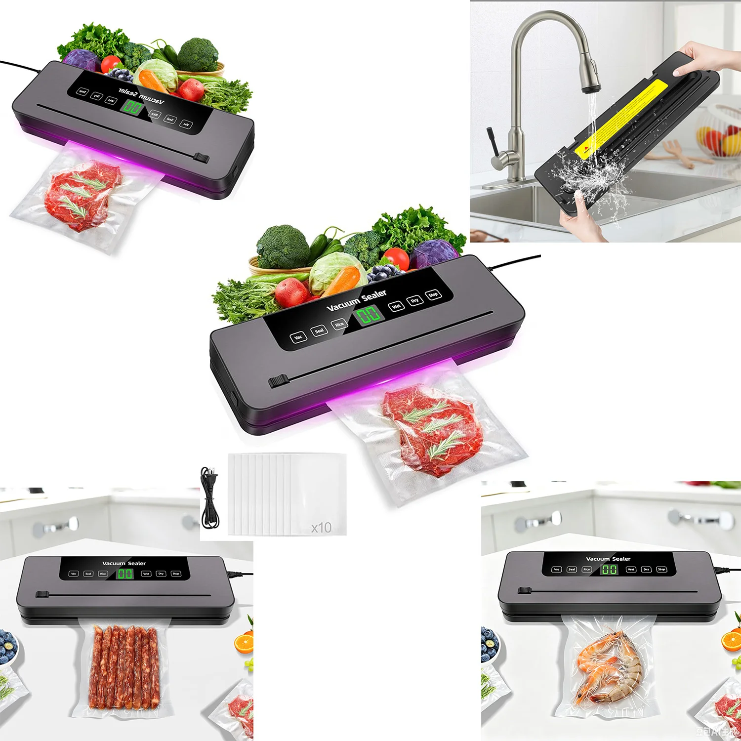 Machine d'emballage sous vide entièrement automatique, puissance d'aspiration de 60 kPa, scelleuse sous vide à 5 modes avec 10 sacs, pour viande, fruits, légumes et céréales