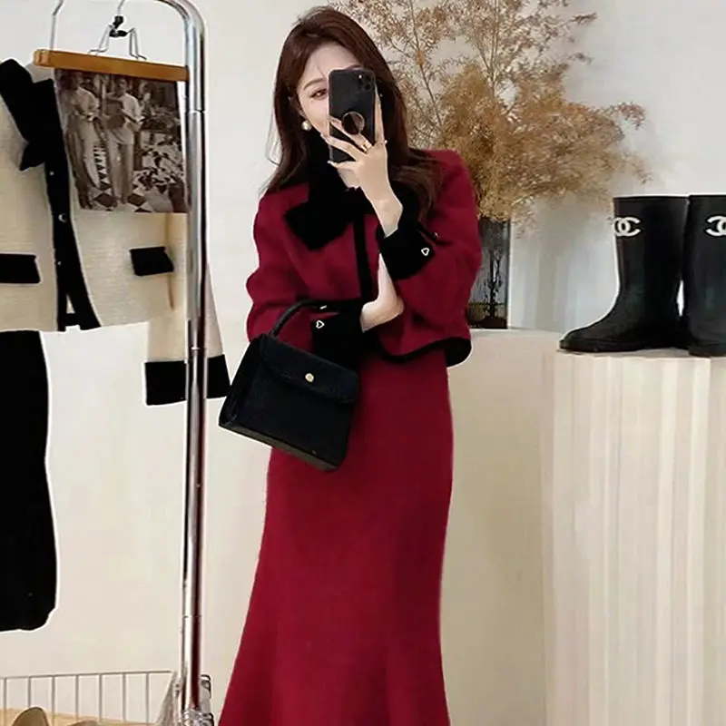 Women\'s Fragrant Wind Bow Woolen Suit Half Skirt Set Retro Sweet Contrasting Colored Woolen Coat Fish Tail Skirt Two-piece Set