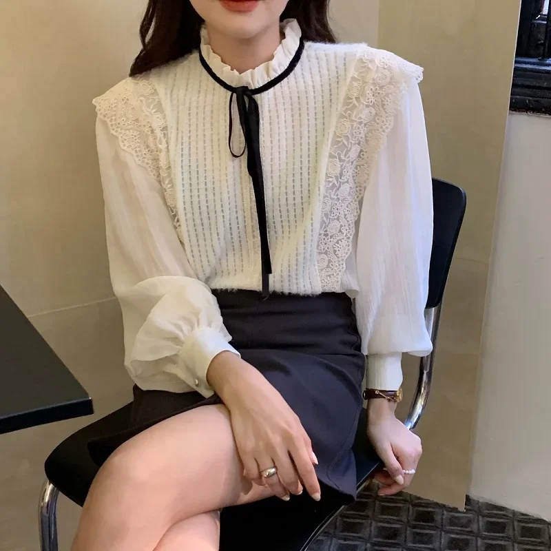 Sweet Crochet Lace Shirt Women's Shirt 2022 New Spring/Autumn Chic Fashion Stand-up Collar Ladies Top Bottoming Shirt EGirl Y2k