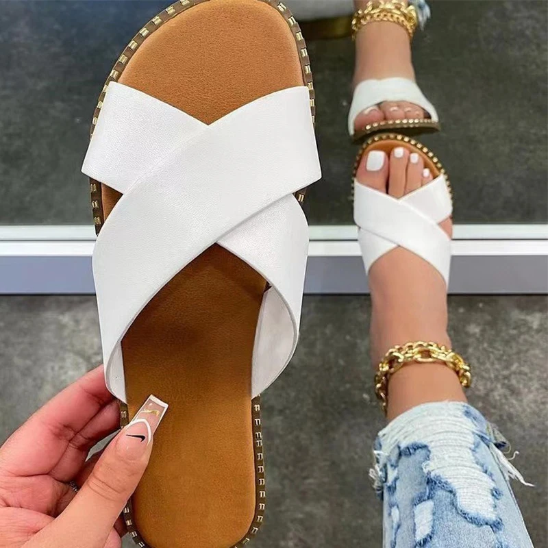 

Summer Women's Flat Bottomed Leopard Print Cross Style Slippers Non-slip Flat Slides Flip Flops Sandals