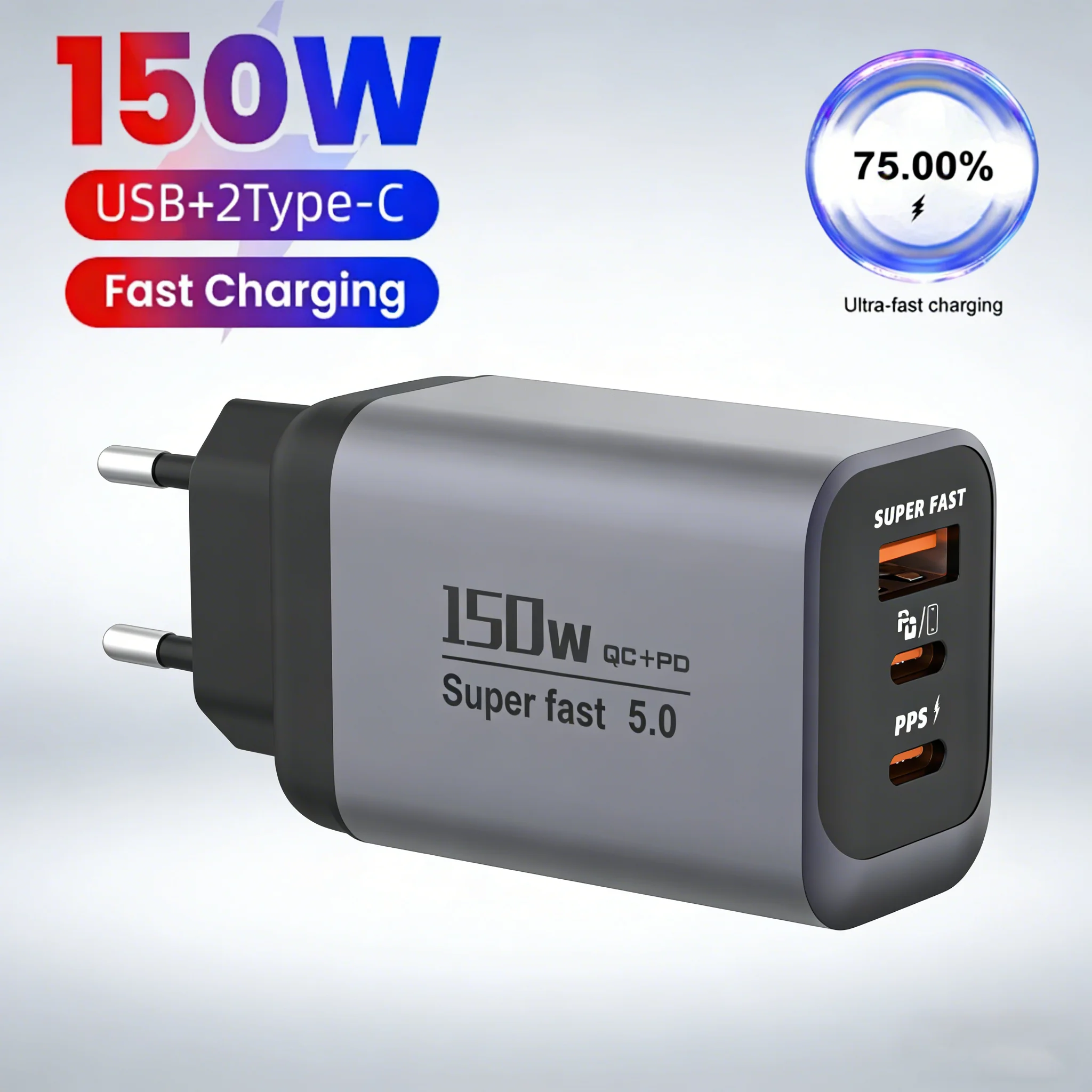 150W 3 Port USB C Charger Super Fast Charging PD QC3.0 Travel Wall Adapter for iPhone 17 Samsung Xiaomi Tablet EU UK US Charger
