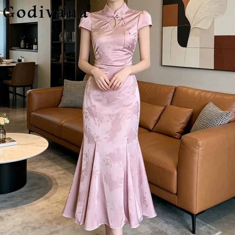 

Large Size New Chinese Temperament Stand Collar Short Sleeve Cheongsam Women 2026 Summer New Slim Fit Elegant Long Dress