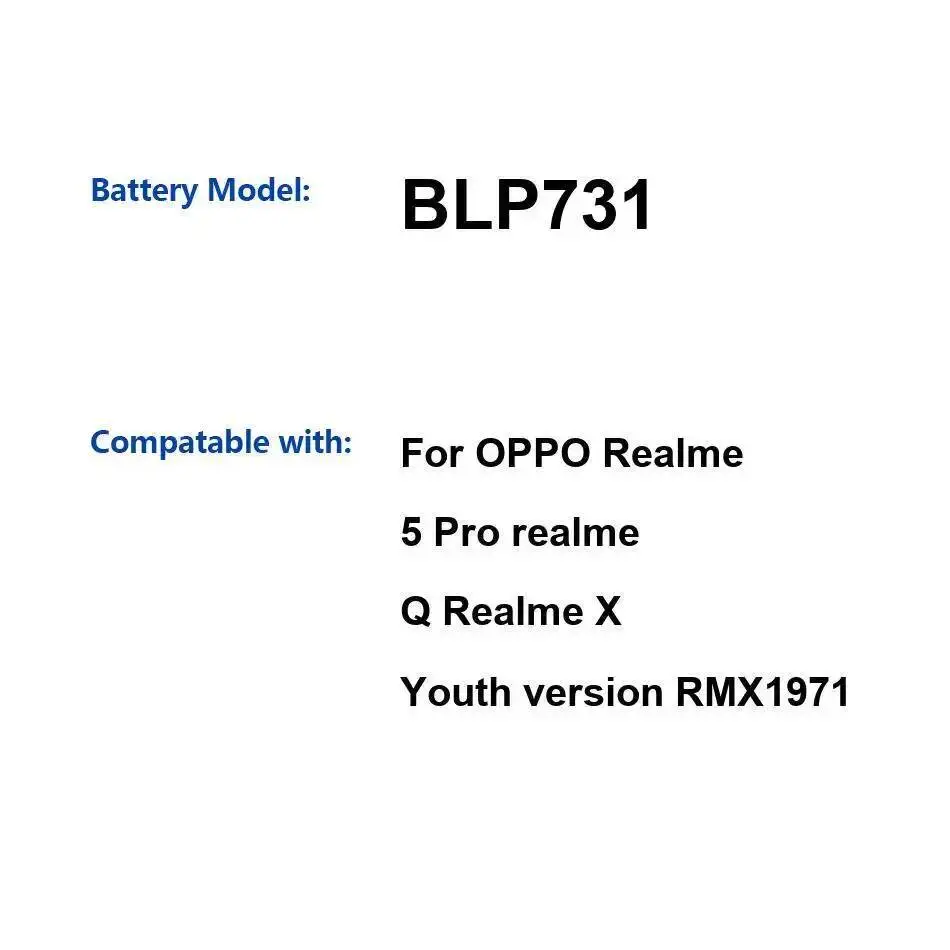 

BLP731 Аккумулятор мобильного телефона с быстрой зарядкой 4035 мАч, стабильный для Oppo Realme 5 Pro Q X, молодежная версия RMX1971