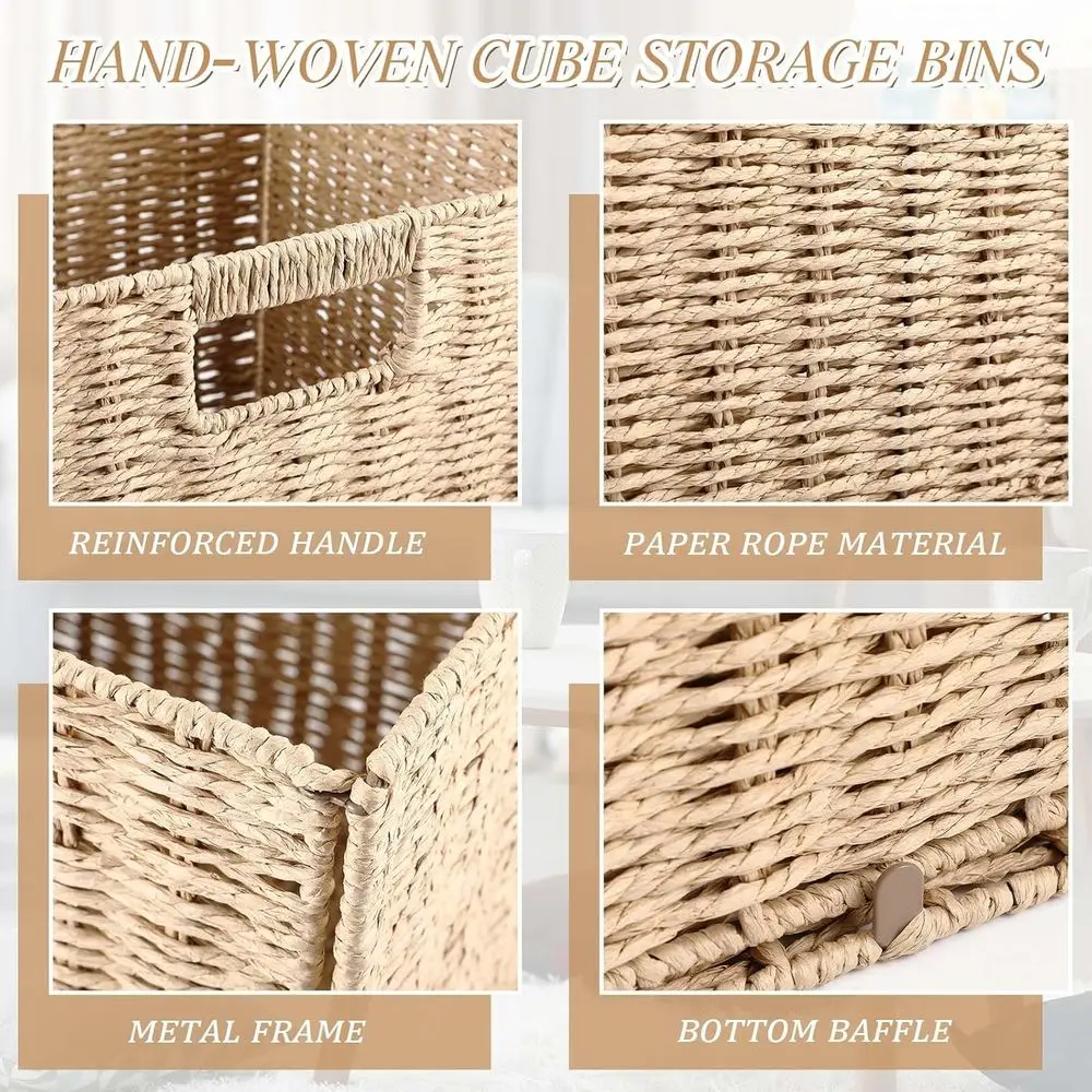 12-Pack Foldable Wicker Storage Baskets, Beige & Brown, 11 with Handles for Home Organization