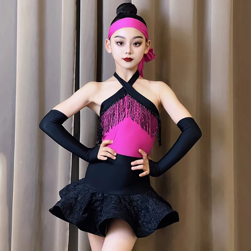 

Rose Children Halter Backless Tassels Top and Skirts Latin Dancewear Kids Girls Rumba Chacha Performance Competition Costumes