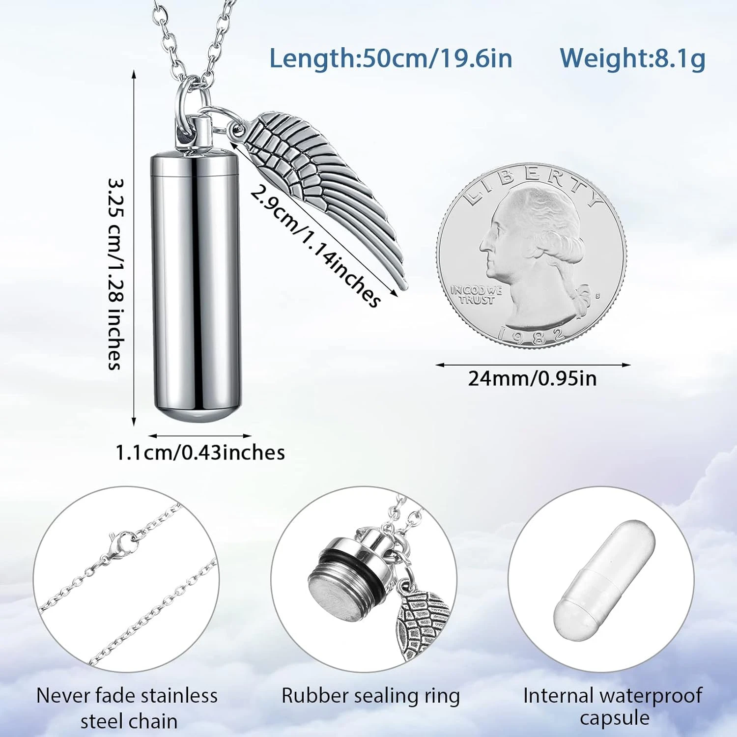 Stylish 10 Pieces Angel Wing Cylinder Stainless Steel Cremation Urn Necklace Set for Women Men - Memorial Keepsake Ash Pendant -