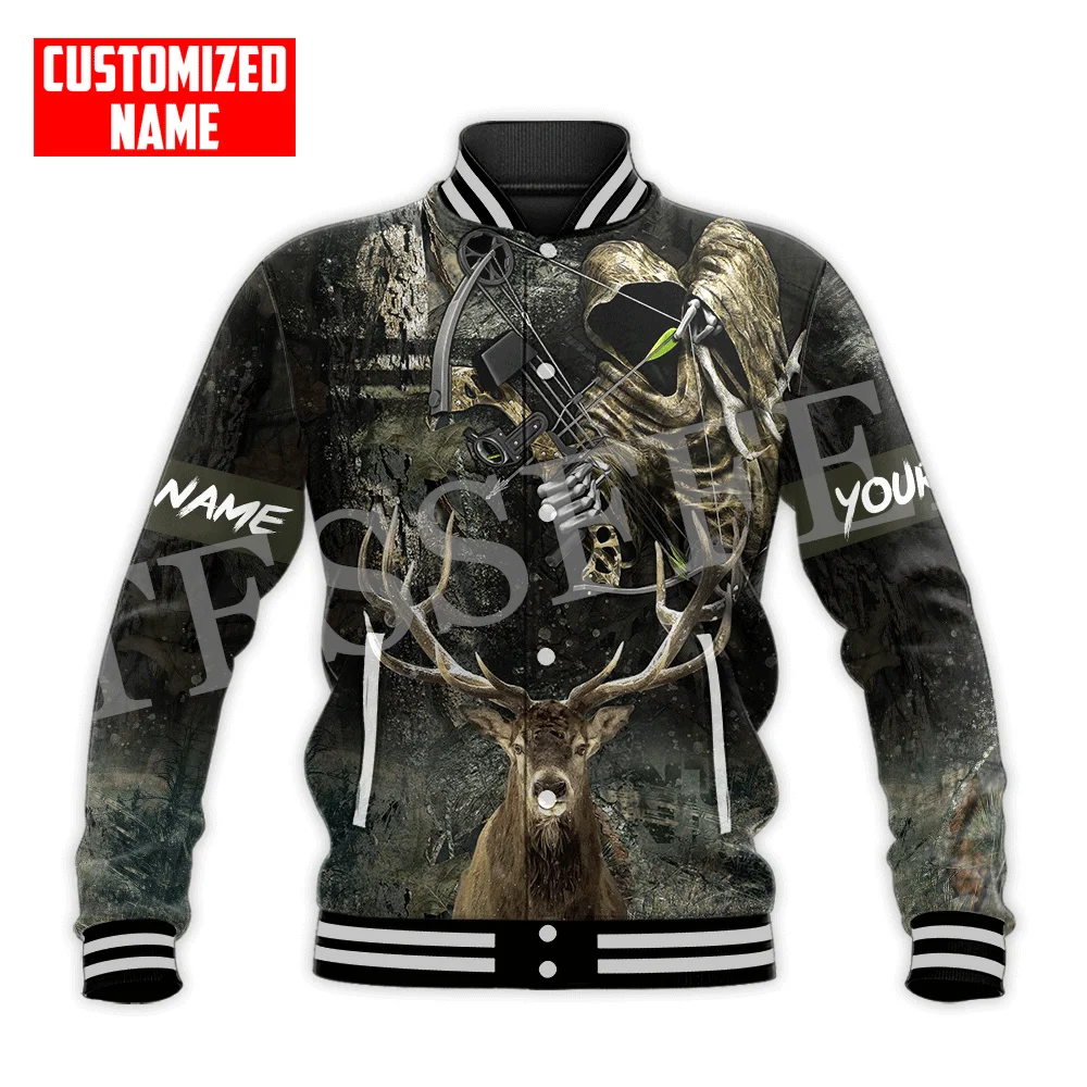 Custom Name Deer Hunting Animal Hunter Camo Cosplay Tattoo Retro Harajuku Windbreaker 3D Button Bomber Jacket Baseball Jacket X3