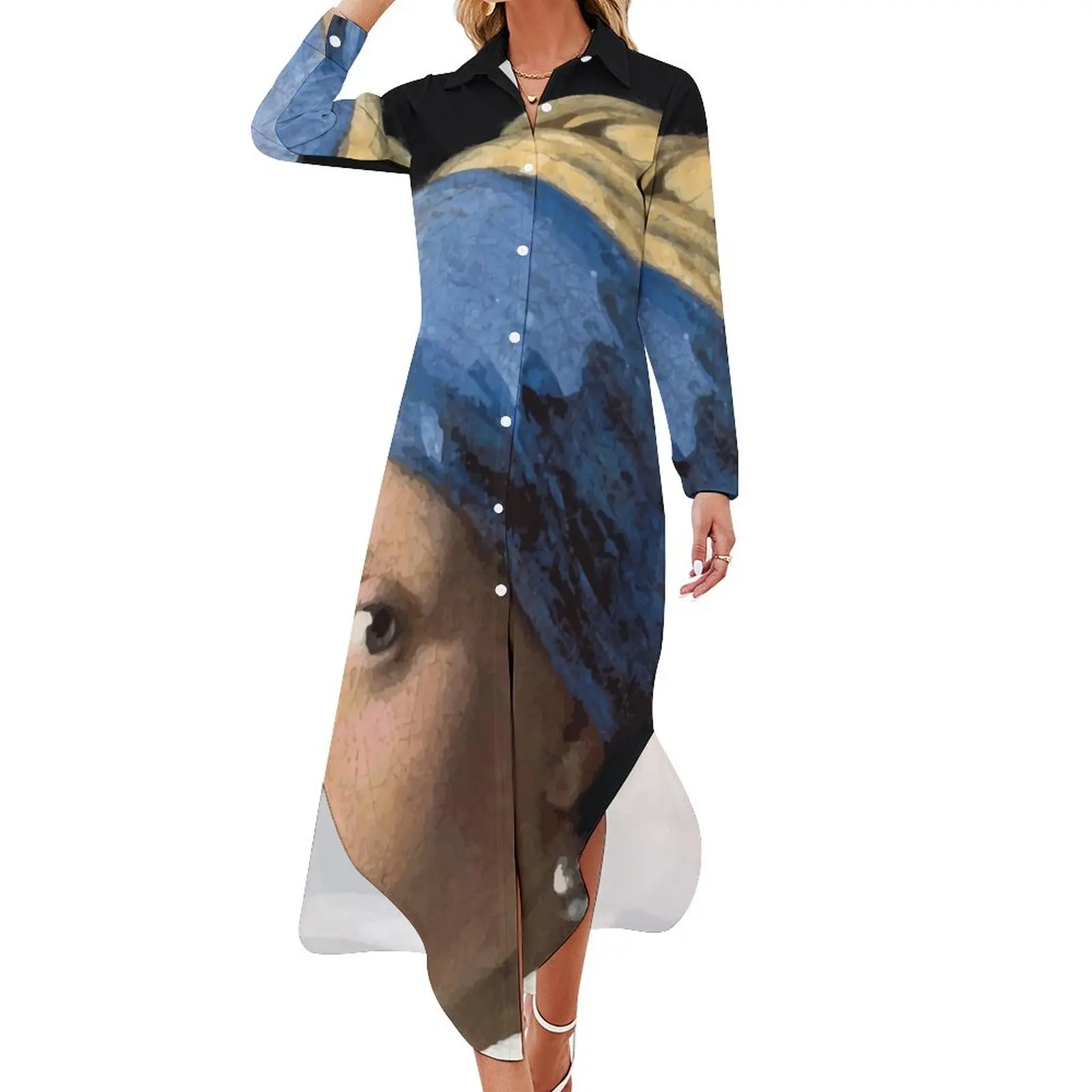 

Johannes Vermeer The Girl with a Pearl Earring Long Sleeved Shirt Dress luxury women's party dress evening prom