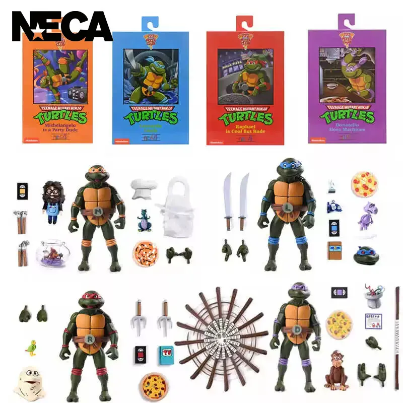 NECA Teenage Mutant Ninja Turtles Pizza Club VHS Action Figure Leonardo Raphael Donatello Michelangelo TMNT Collectible ModelToy