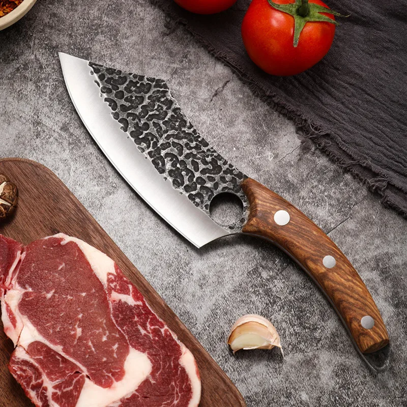 High Carbon Steel Butcher Knives KnifeHand-forged Hammered Meat Cleaver With Finger Ring Meat Cleaver Boning Viking Chef Knife