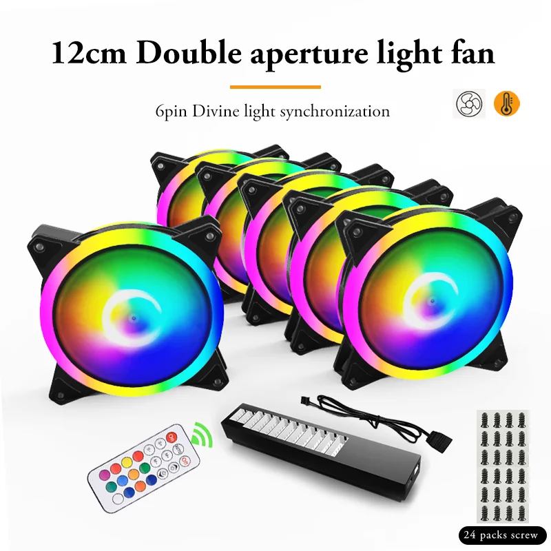 

Computer Case Fan 120MM * 6+10+2 Hub (with remote control) 6PIN * 10 PWM And 4PIN RGB * 2 Interfaces. 650-1500RPM.7PCS