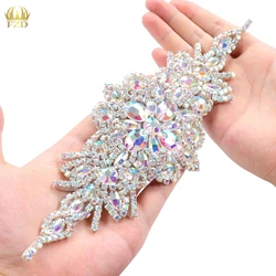 FZD 1 Piece AB Rhinestone Crystal Appliques Patches Hot Fix Glass Rhinestone Motif Iron on Bridal Sash Belt Wedding Dress FA-949