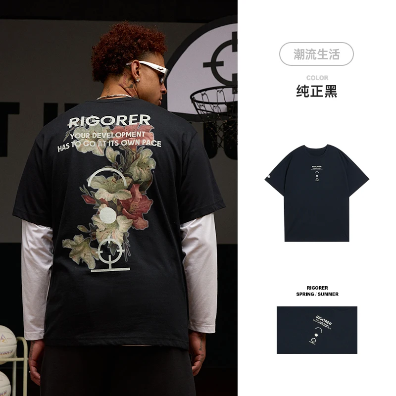 

RIGORER хлопковая летняя новая мужская футболка с короткими рукавами и цветочным принтом в американском стиле для пар, свободная спортивная футболка с круглым вырезом и половиной рукавов
