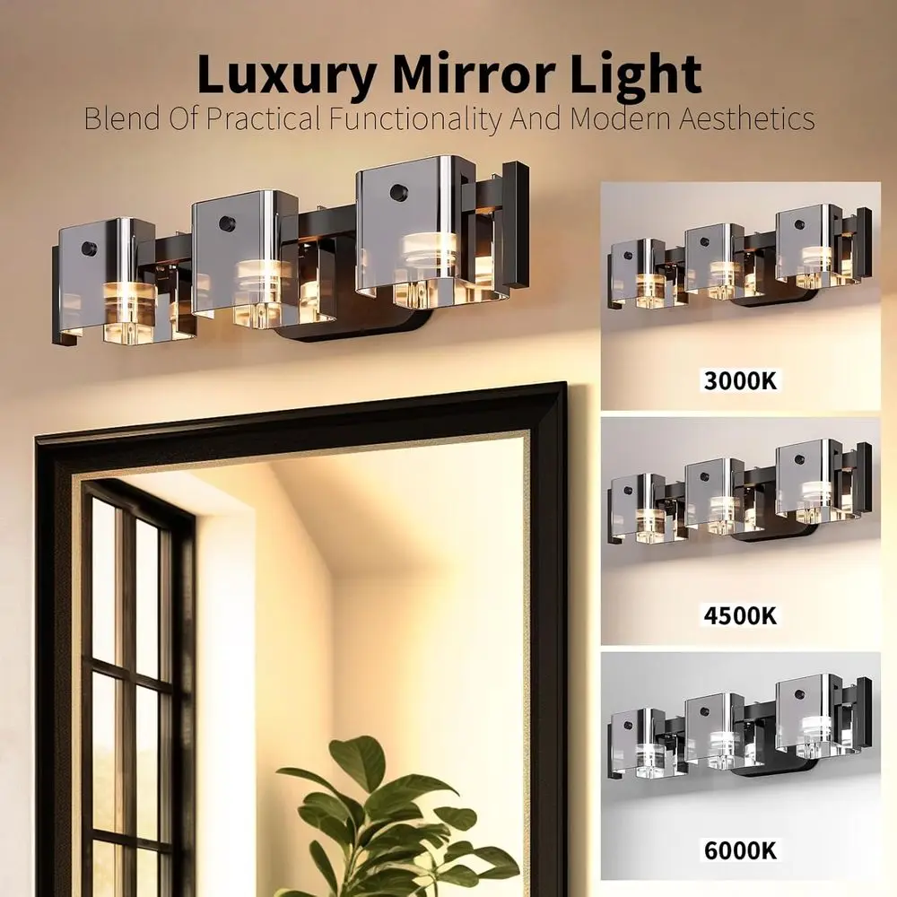 Luminária de Banheiro Preta de 20,8 polegadas com 3 Luzes, Luminária de Parede LED Ajustável 3000K/4000K/6000K