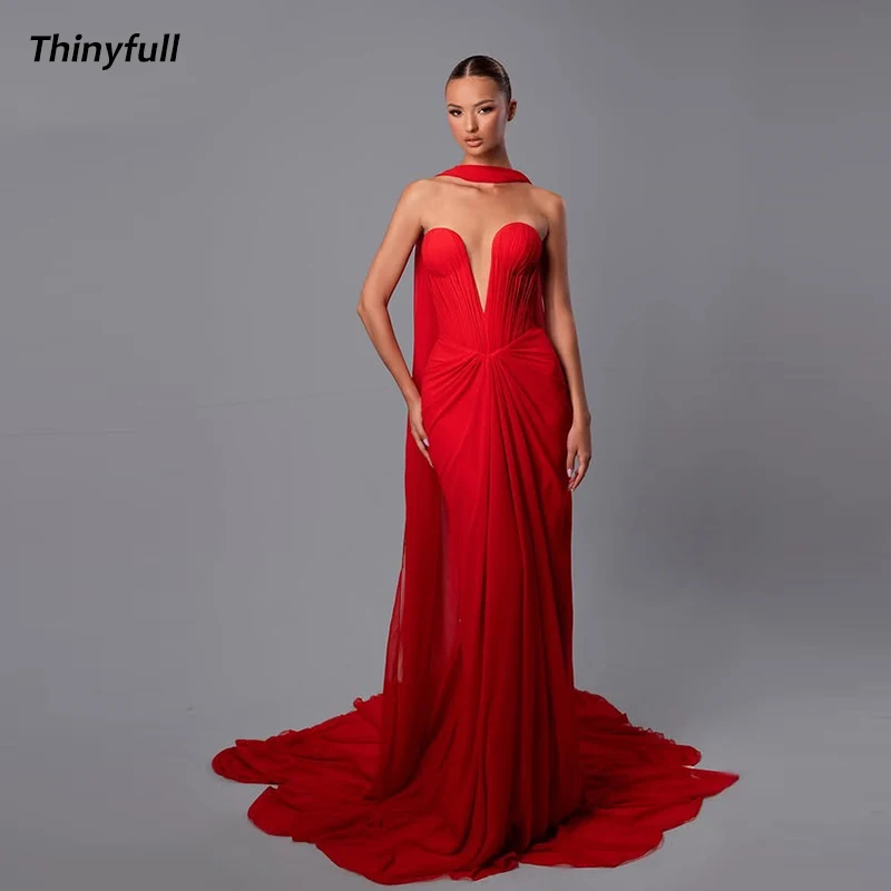 Thinyfull Mermaid Arabic Prom Dress Chiffon Sleeveless Sweetheart Evening Dresses Formal Occasion Gown Robe De Soirée Customized