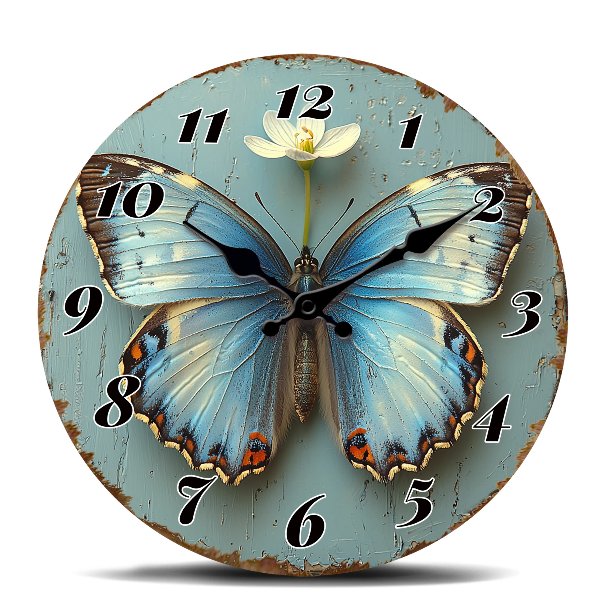 Vintage-Wanduhr mit Schmetterlings- und Blumenmotiv, rustikale dekorative stille Quarzuhr für die Wohnzimmerdekoration