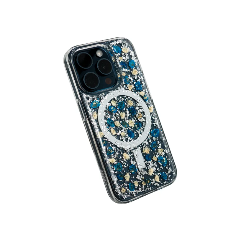 KZDOO Mag Flowers Protector ,Dried Small Floral Foil Paper Luxury Case,Anti-shock Back Cover for iPhone 15,15Plus,15Pro,15Promax