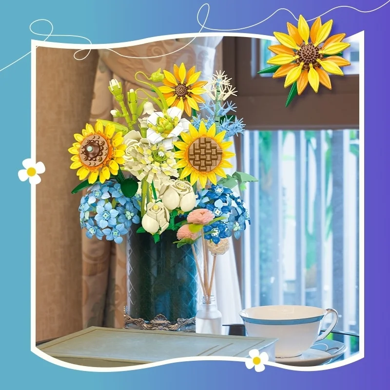 JJ9196 Small Particle DIY Assembly Sunflower Building Blocks Flower Series Creative Desktop Decoraiton Toys For Children Adult