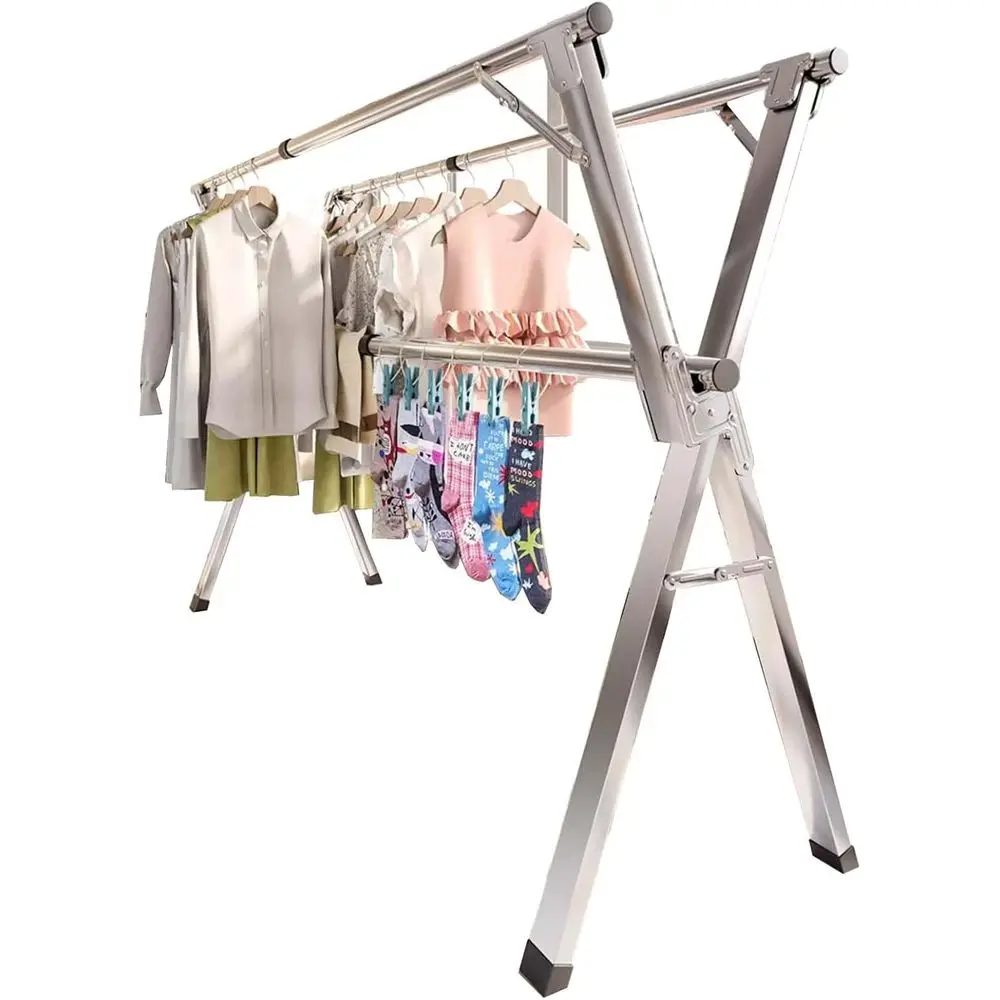 Sturdy Indoor/Outdoor Adjustable Stainless Steel Clothes Drying Rack with Removable Hanger for Balcony Use