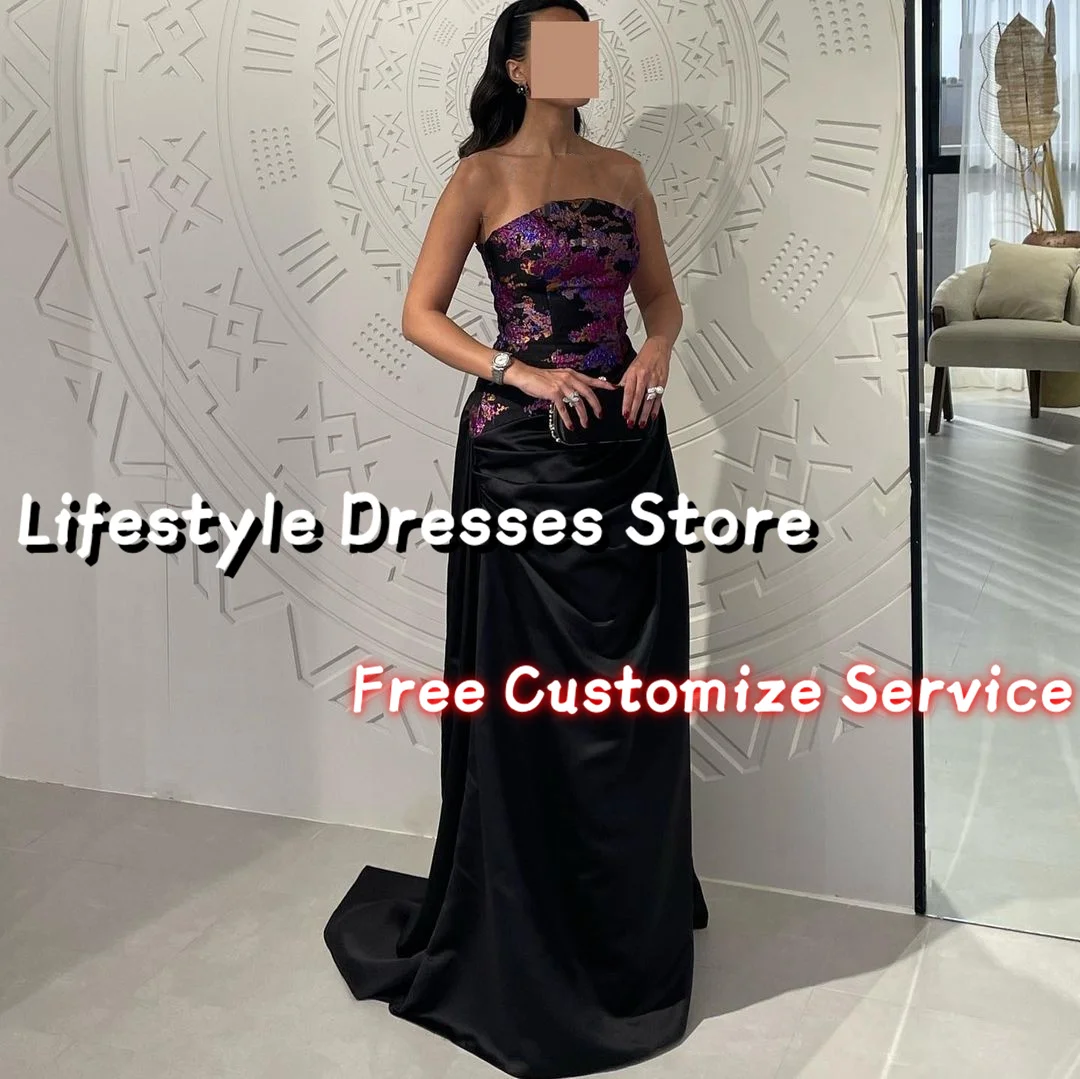 Customized Strapless Purple Printing Prom Dresses Long Satin Black Evening Dress Floor-Length Party Dress For Formal Occasion