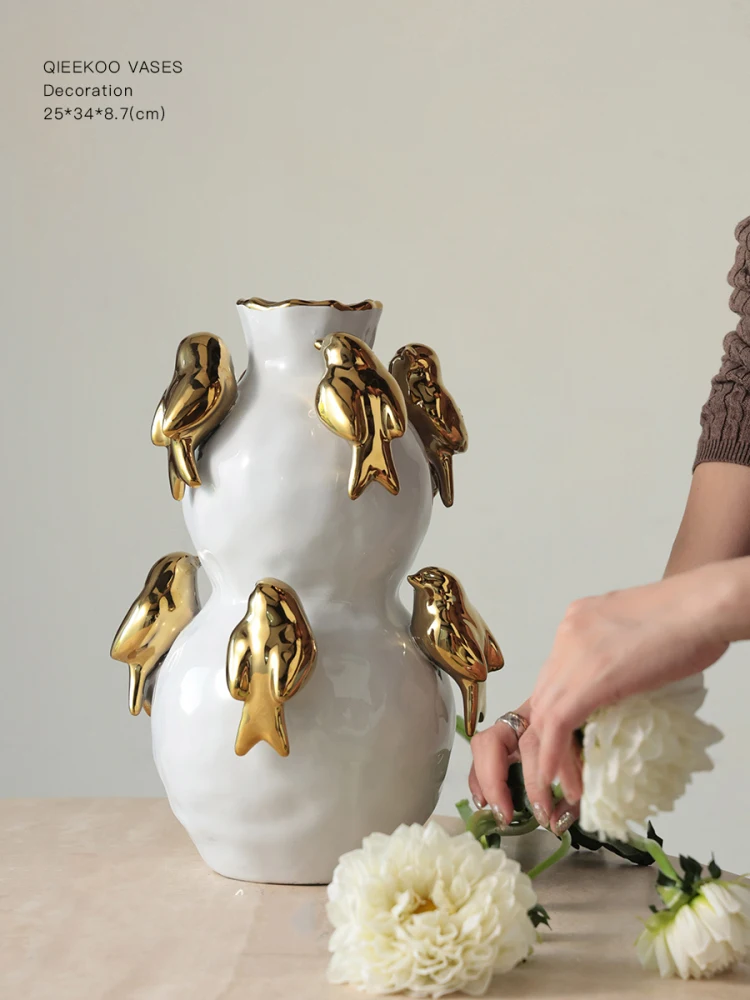 Home Living Room Entrance Decorative Ornaments Goldfinch Gilt White Art Ceramic Flower Vase for Desktop Decor ваза для цветов