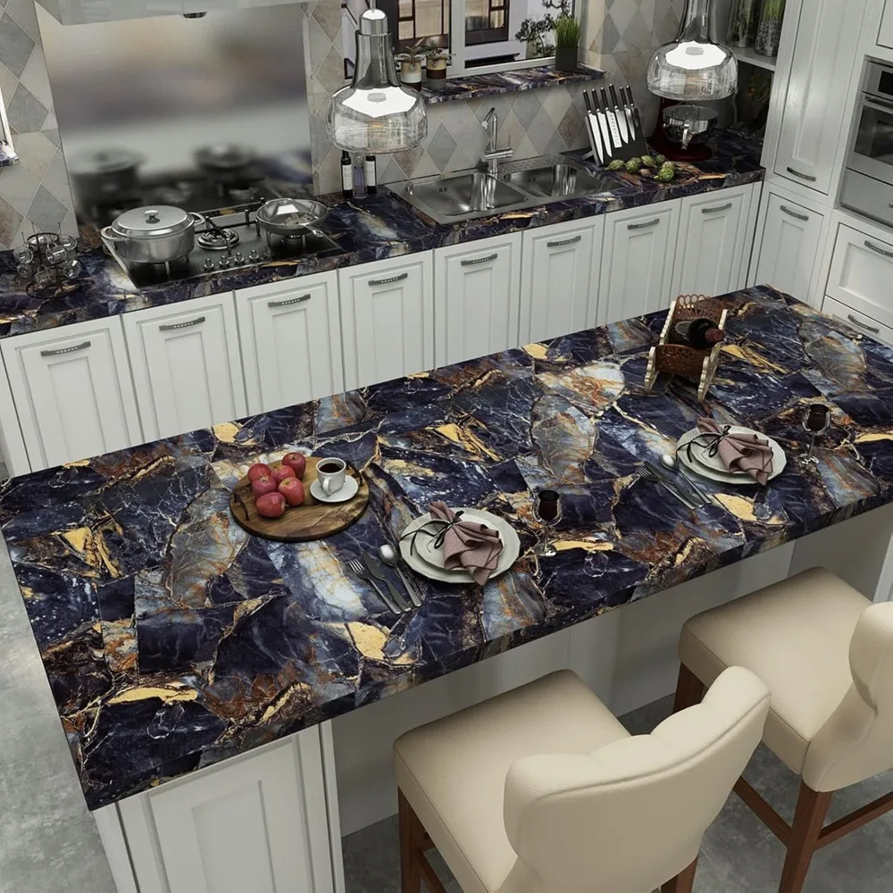 ورق اتصال محكم مقاوم للماء وقابل للإزالة ذاتي اللصق لامع أزرق داكن من الجرانيت ورق حائط واسع 24x393