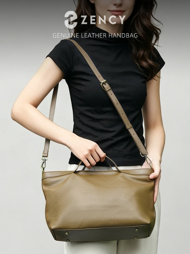 Zency Women Handbag 100% Genuine Leather Ladies Shoulder Purse Ladies Black Tote Bag Large Capacity Shopper Bag Chocolate Brown