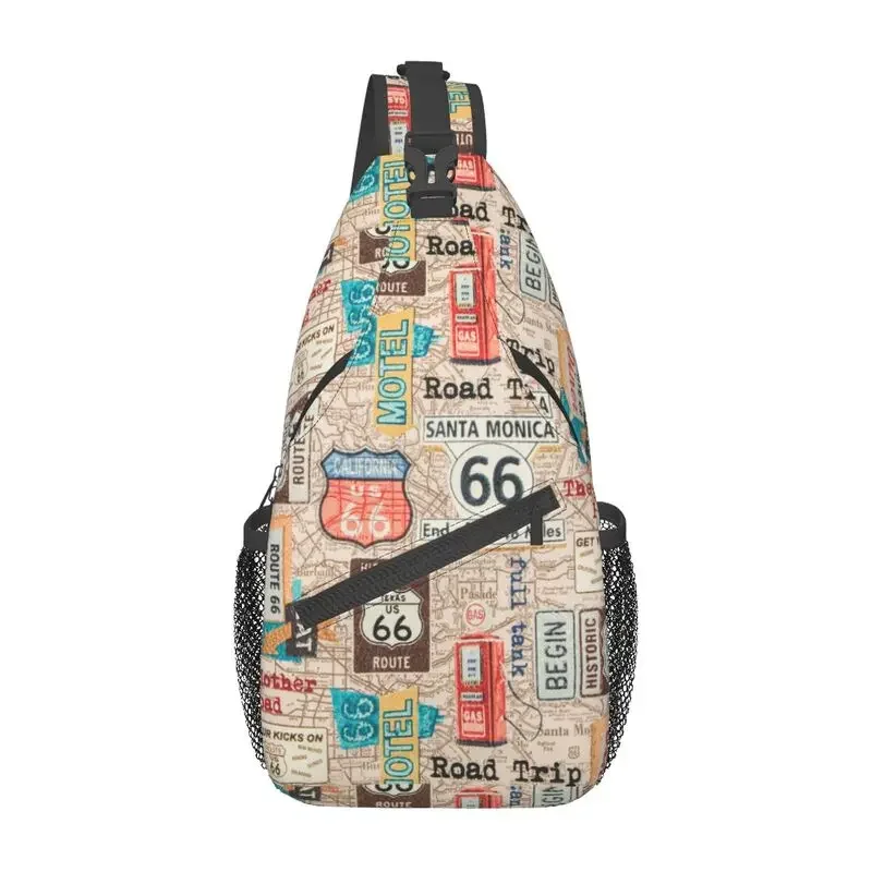 Vintage Route 66 Crossbody Sling Backpack Men Custom USA Highways Map Shoulder Chest Bag for Cycling Camping Daypack