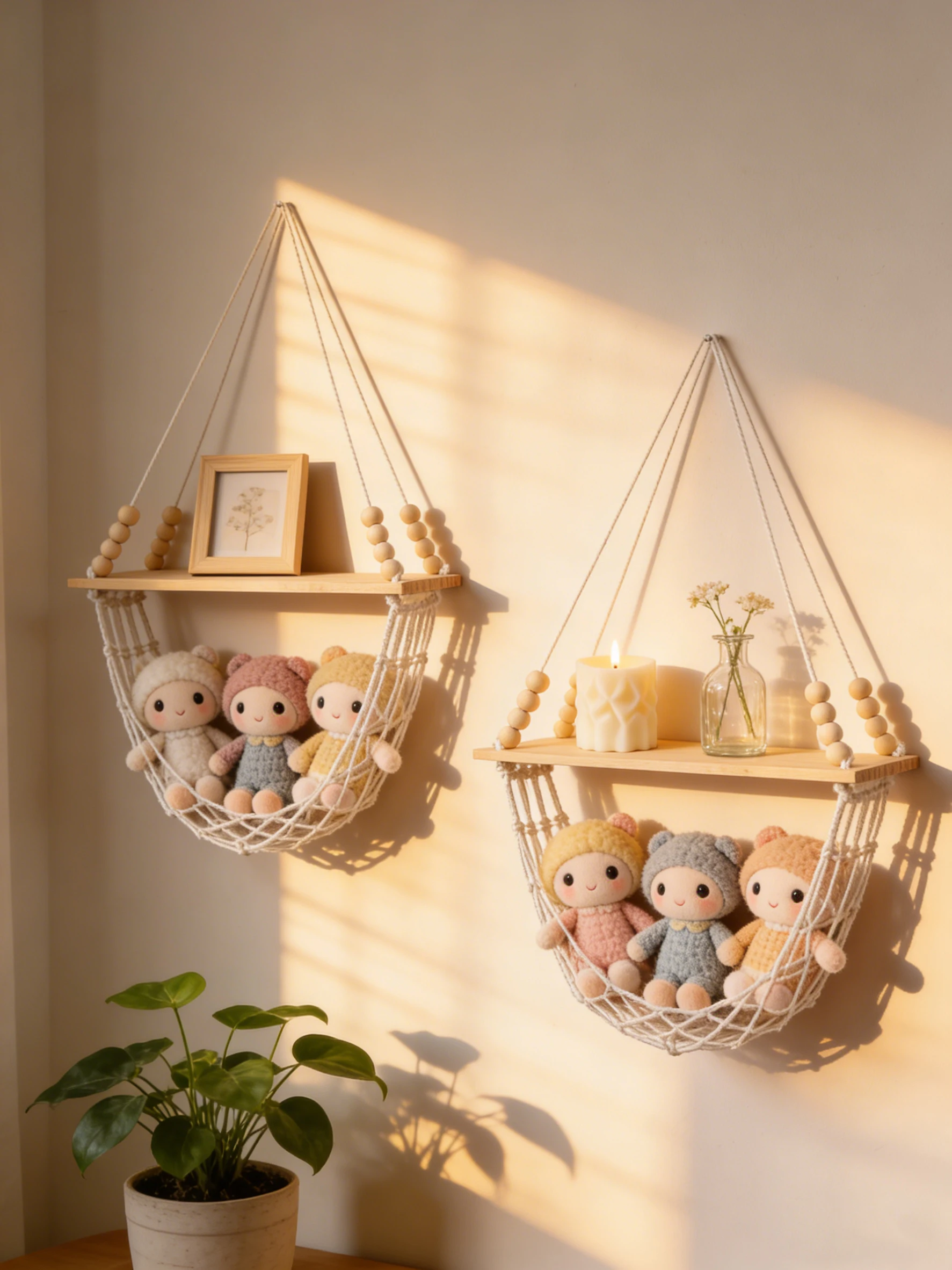Boho Makramee Wandregal mit Netz-Korb, Hängendes Holzregal für Heim, Schlafzimmer, Wohnzimmer-Dekoration & Küchenaufbewahrung, Geschenk