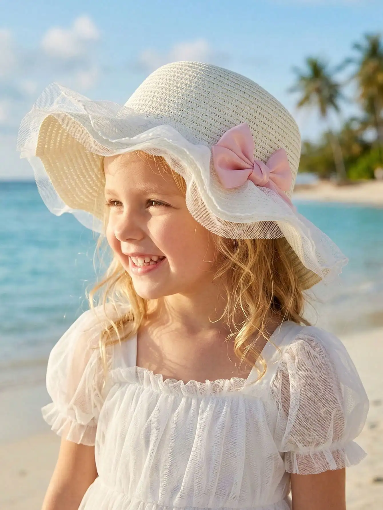 

1Pc 3-8Y Girls White Mesh Straw Hat With Big Pink Bow Kids Summer Beach Outdoor Sun Hat