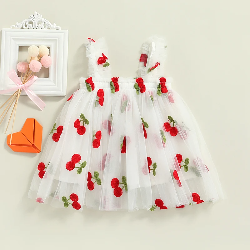 Summer New Girls' Little Flying Sleeve Dress Children's Bow Strawberry Embroidery Mesh Princess Dress Baby Girl Dress