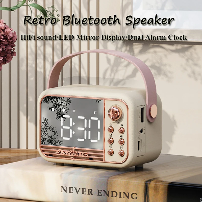 Retro Bluetooth Speaker LED Mirror Classical Music Player HIFI Stereo Sound with Time Display Dual Alarm Clock Support TF AUX