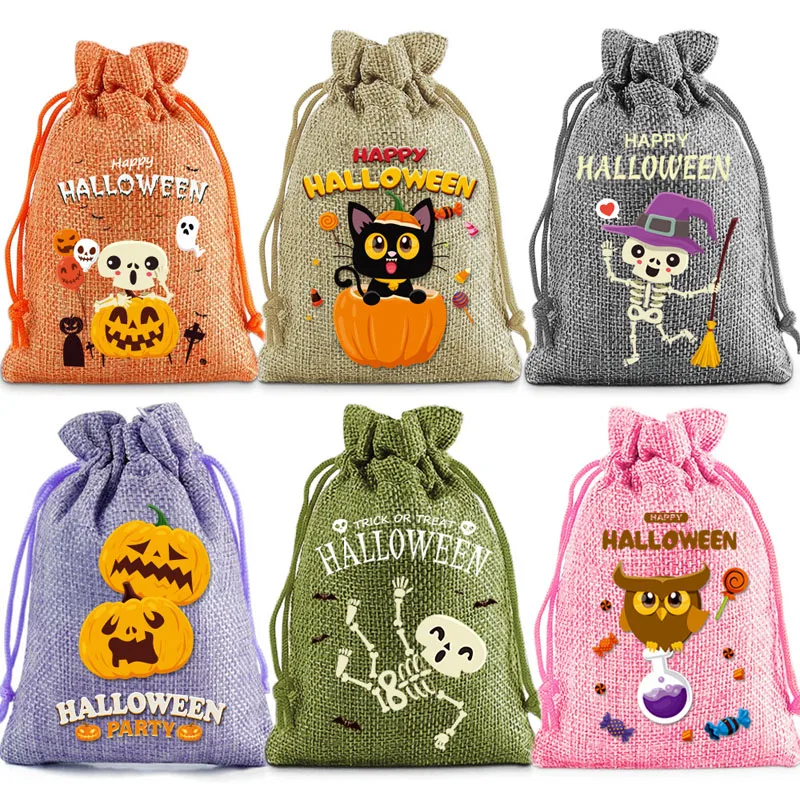 50pcs/lot Halloween Party Favor Bags 10x14cm Children's Drawstring Gift Packaging Burlap Linen Pouches for Asking Candy