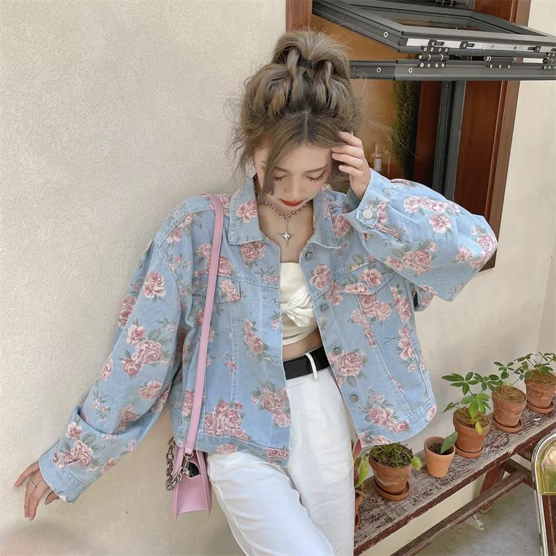 GIDYQ Vintage Rose Printed Denim Jackets Woman Korean Fashion Loose Long Sleeve Outwear Y2k Streetwear Crop All Match Coat