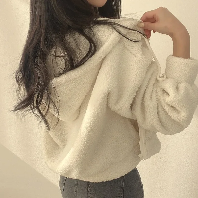 Women's Thickened Warm Fleece Hoodie Sudaderas New Zipper Drawstring Short Coat Lamb Velvet Jacket Autumn Winter Y2k Streetwear
