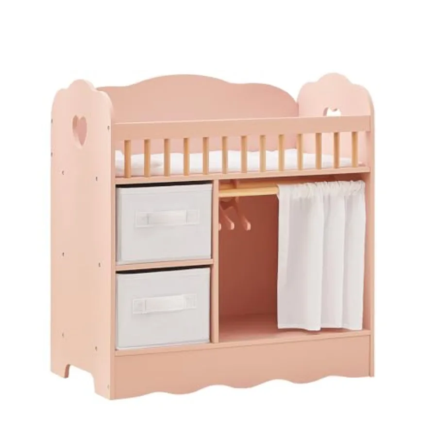 

Baby Doll Crib for Nursery Playset, Wooden Doll Bed and Changing Table with Two Storage Boxes, Bedding and Coat Hangers, Pink,
