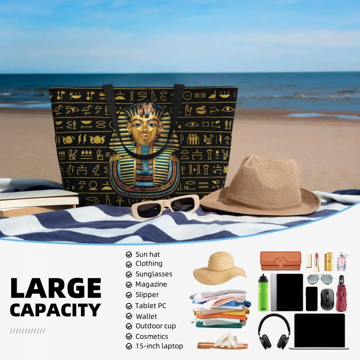 Custom Large Ancient Gold Pharaoh Egypt King Tut Tote Bag for Women Egyptian Hieroglyphs Shopper Shoulder Gym Beach Travel Bag