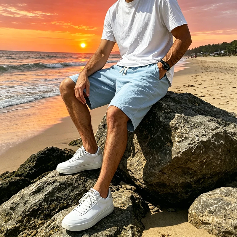 Men Cotton Linen Casual Shorts Summer Elastic Drawstring Waist Loose Fit Side Pockets Beach Vacation Daily Travel Street Bottoms