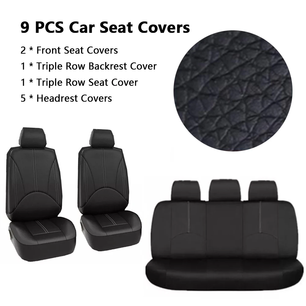 9pcs Universal Black Car Seat Covers Full Set Front Split Rear Bench PU Leather For Car SUV Sedan Van Automotive Interior Covers