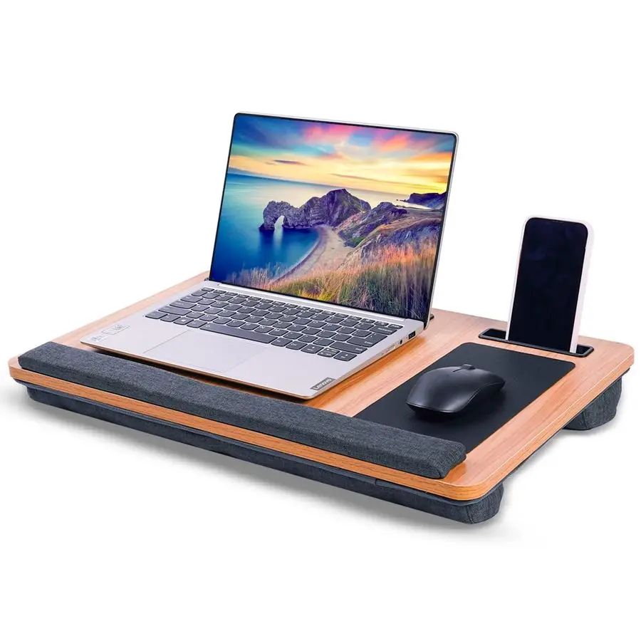 

Tray Home Office Lap Desk with Builtin Mouse Pad, Wrist Rest amp Phone Holder, Portable Laptop Stand with Cushion, Tablet Slot a