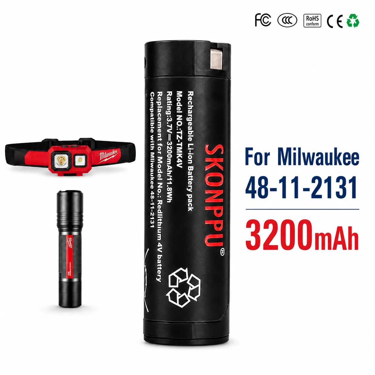 4V 3200mAh Replacement Li-ion Battery for 48-11-2131 Compatible with Milwaukee Headlamp Flashlight & other Milwaukee 4V Devices