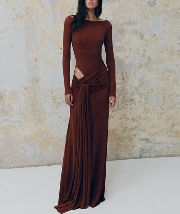 

2025 Autumn New Women's Solid Color Round Neck Long Sleeve Long Skirt with Hollow Strap and Slim Fit Dress