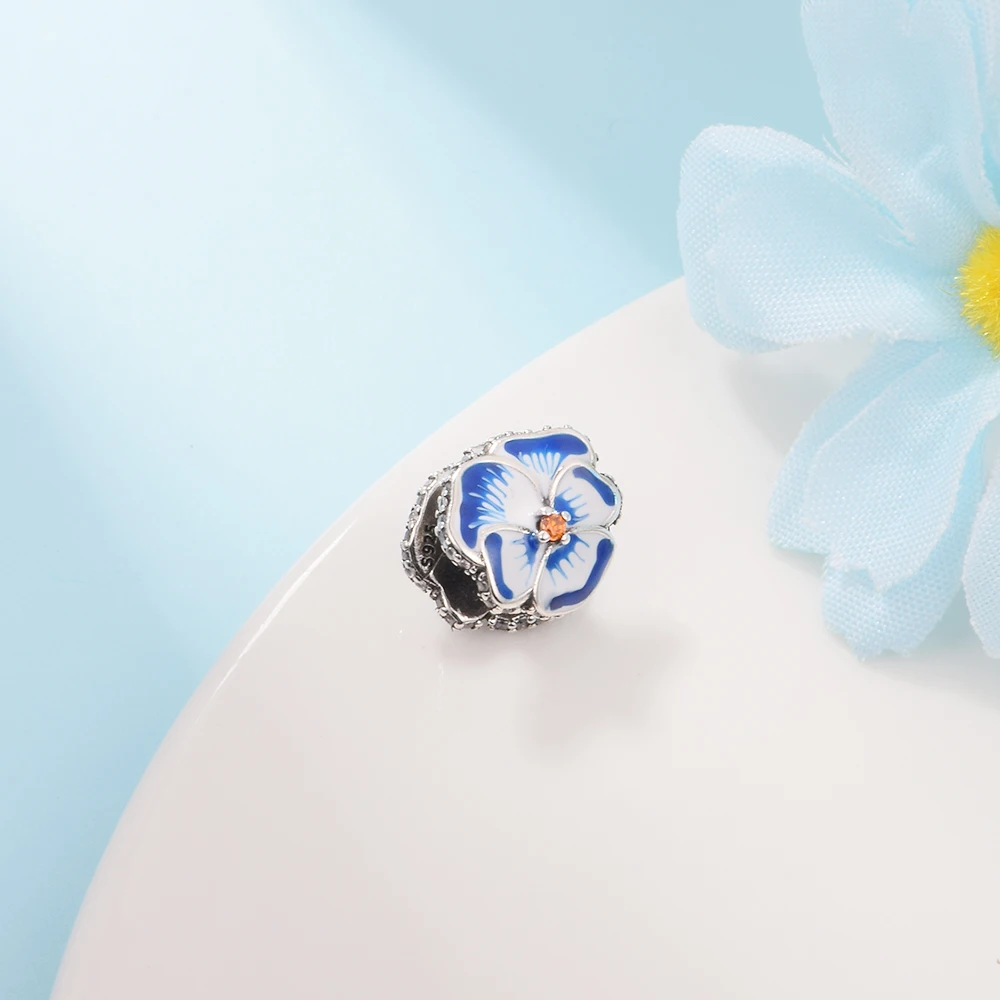 2022 Spring Blue Pansy Flower Charm 925 Sterling Silver Beads For Jewelry Making Silver Bracelets Woman DIY Argent Accessories