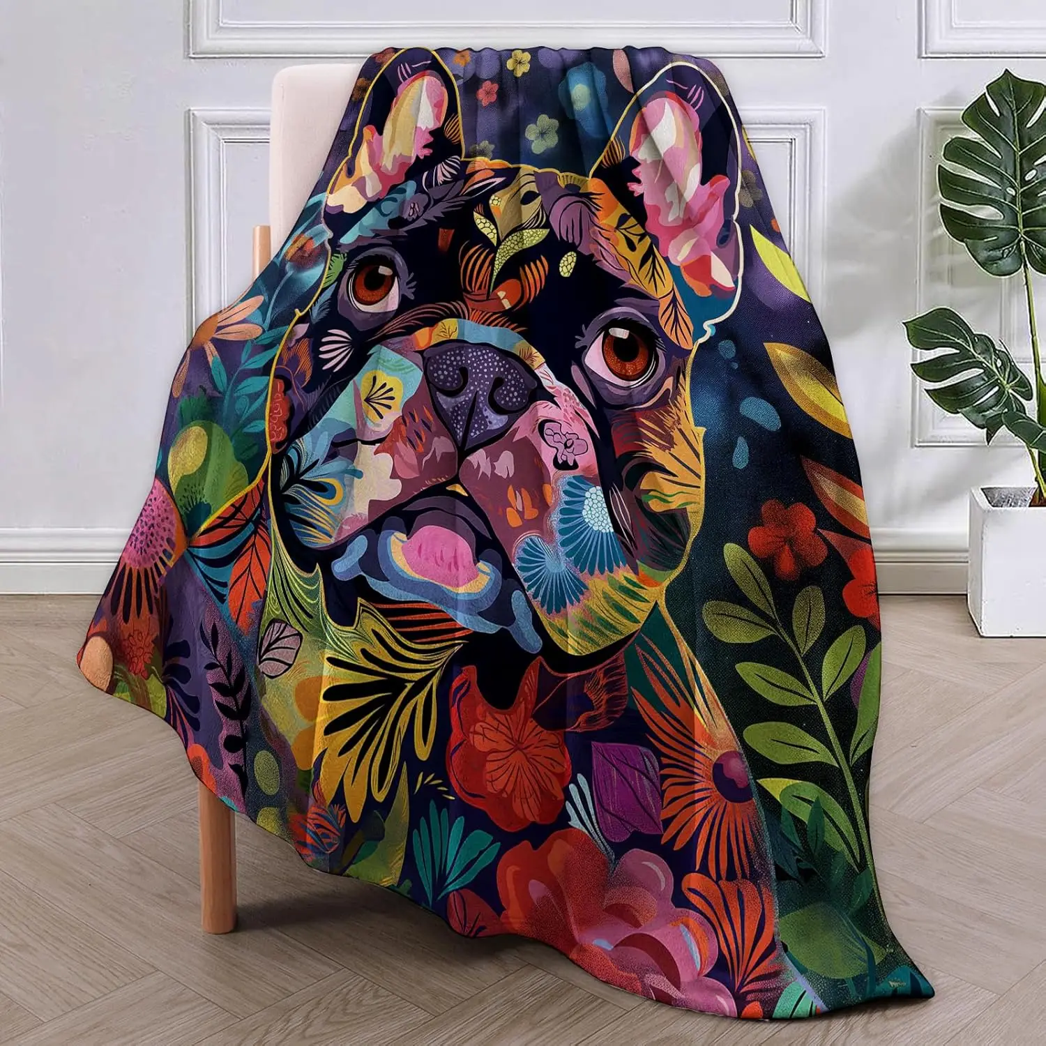 Colorful Floral French Bulldog Flannel Blanket,Artistic Flower and Pet Soft Lightweight Throw Blankets Gifts for Women DogLovers