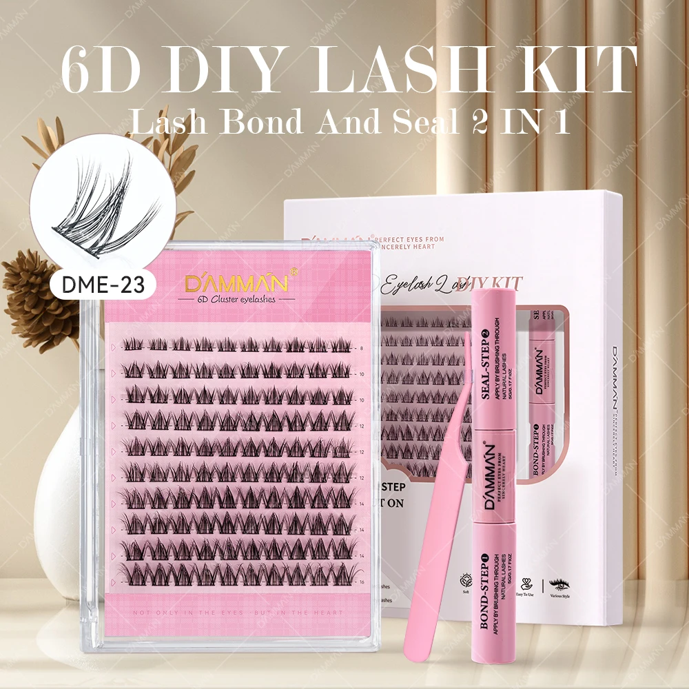 DAMMAN DlY Lash Extension Kit Individual 6D Cluster Eyelash Extension Light D Curl 0.07mm Lashes with Lash Bond and Seal At Home