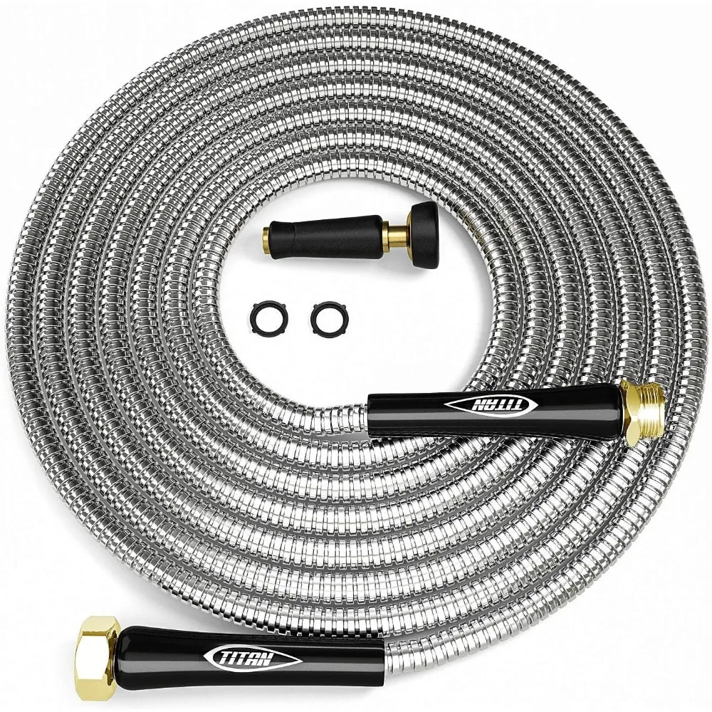 

TITAN Garden Hose 100FT - 304 Stainless Steel Metal Water Hose, Flexible, Kink-Free, Lightweight, Durable, Crush Resistant