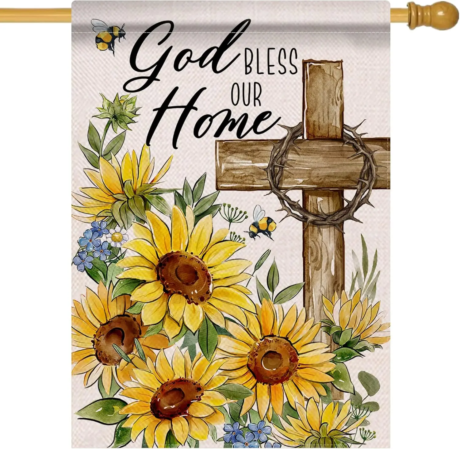 God Bless Our Home Spring Summer Easter Decorative House Flag, Religious Cross Sunflower Floral Garden Yard Outside Decorati PPZ