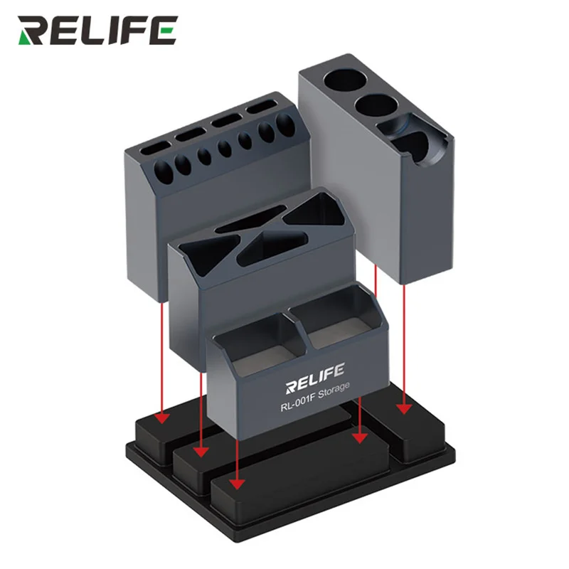 RELIFE-caja de almacenamiento combinada de RL-001F, aleación de aluminio, reparación de teléfonos móviles, pinzas, destornilladores, piezas de