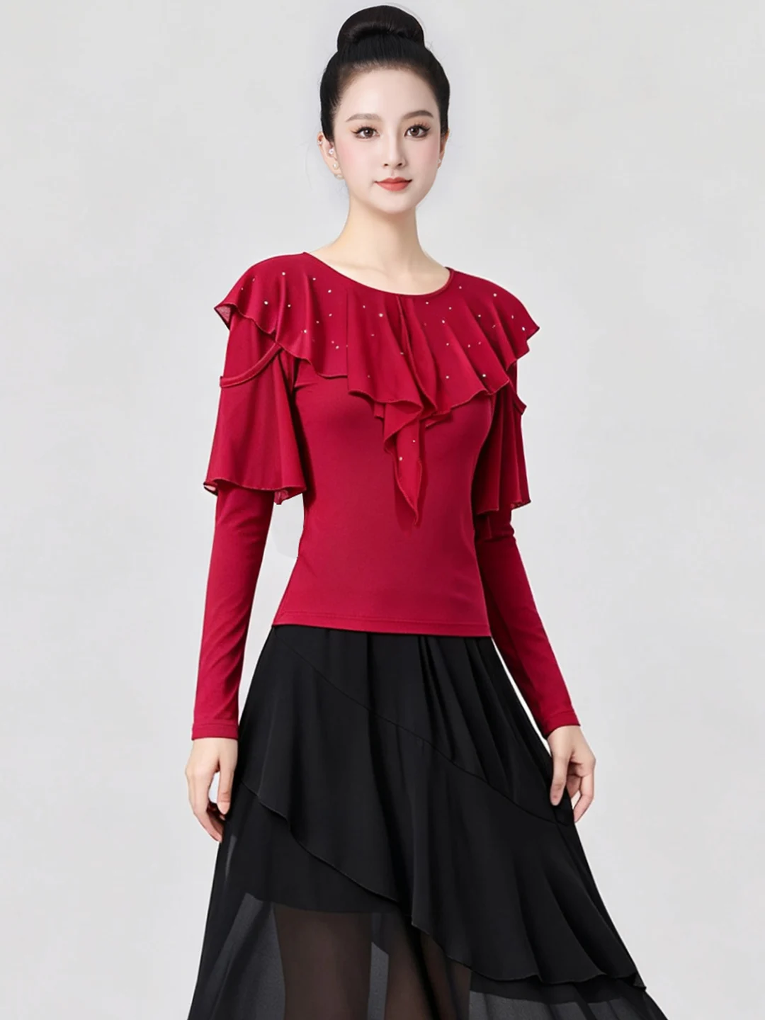 nouveau-haut-de-danse-carree-vetements-de-fitness-pour-femmes-danse-sociale-standard-nationale-danse-latine-motif-feuille-col-en-v-manches-longues-tissu-absorbant