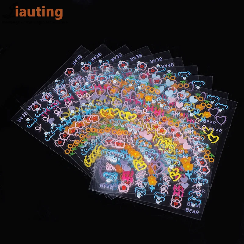 10 Lenzuola 5D Rilievo Orso Sveglio Unghie Artistiche Adesivo 8*10 CM In Rilievo Colorato Piatto Adesivo Decalcomanie Simpatico Orso Piatto Unghie adesivo